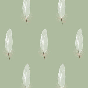 White Feathers Fabric on Sage Green Background